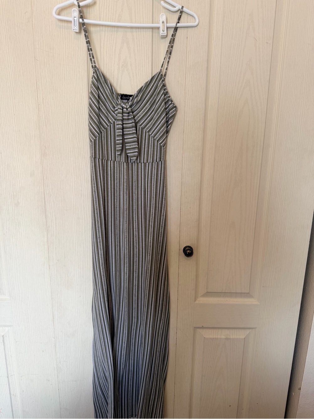 Derek Heart Gray and White Striped Spaghetti-Strap Maxi Dress